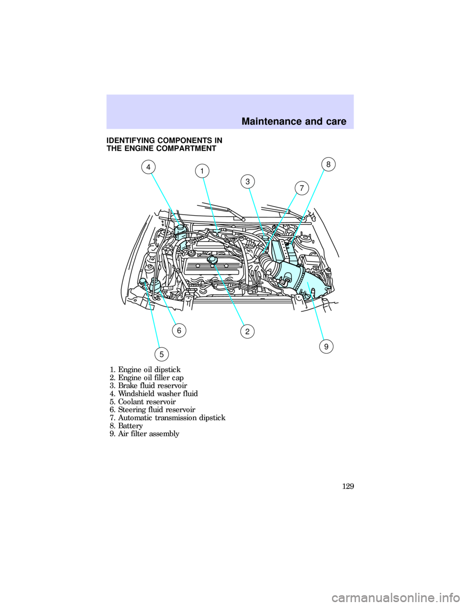 FORD ESCORT 1997 6.G Owners Manual IDENTIFYING COMPONENTS IN
THE ENGINE COMPARTMENT
41
3
9
6
5
2
7
8
1. Engine oil dipstick
2. Engine oil filler cap
3. Brake fluid reservoir
4. Windshield washer fluid
5. Coolant reservoir
6. Steering f