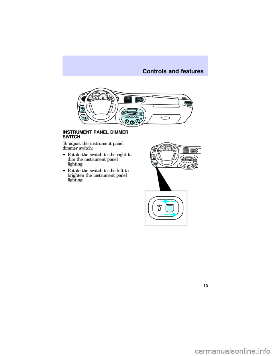 FORD ESCORT 1997 6.G Owners Manual INSTRUMENT PANEL DIMMER
SWITCH
To adjust the instrument panel
dimmer switch:
²Rotate the switch to the right to
dim the instrument panel
lighting.
²Rotate the switch to the left to
brighten the inst
