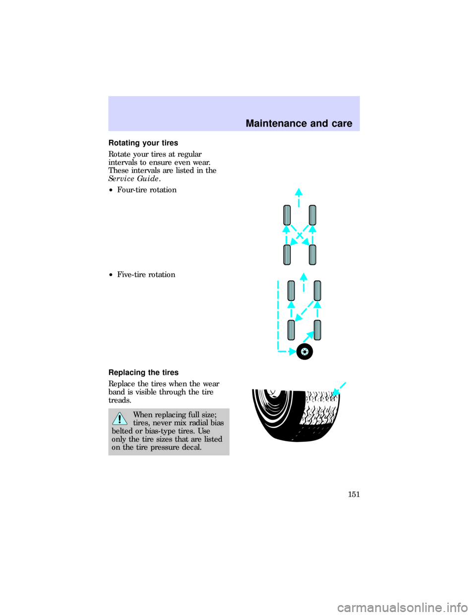 FORD ESCORT 1997 6.G Owners Manual Rotating your tires
Rotate your tires at regular
intervals to ensure even wear.
These intervals are listed in the
Service Guide.
²Four-tire rotation
²Five-tire rotation
Replacing the tires
Replace t