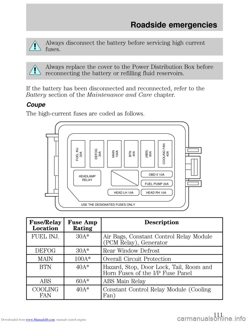 FORD ESCORT 1999 6.G Owners Manual Downloaded from www.Manualslib.com manuals search engine Always disconnect the battery before servicing high current
fuses.
Always replace the cover to the Power Distribution Box before
reconnecting t