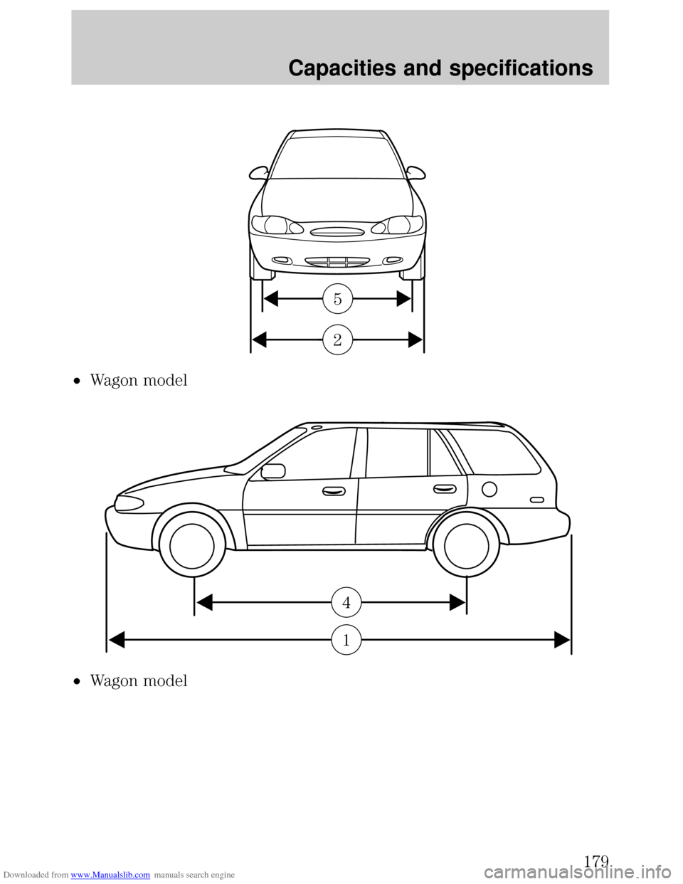 FORD ESCORT 1999 6.G Owners Manual Downloaded from www.Manualslib.com manuals search engine ²Wagon model
²Wagon model
5
2
1
4
Capacities and specifications
179 FORD ESCORT 1999 6.G Owners Manual Downloaded from www.Manualslib.com manuals search engine ²Wagon model
²Wagon model
5
2
1
4
Capacities and specifications
179