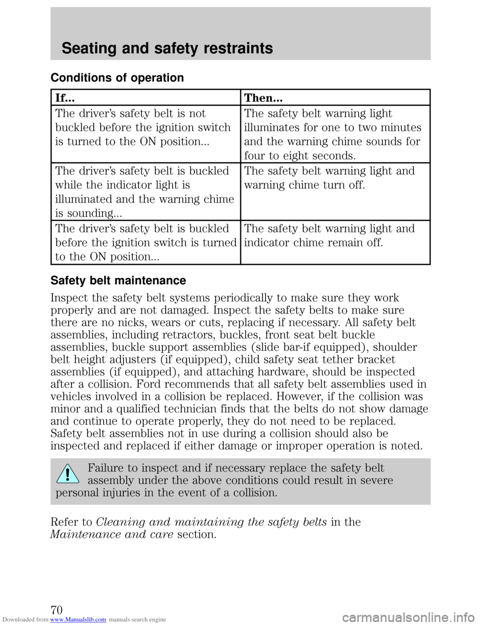 FORD ESCORT 1999 6.G Repair Manual Downloaded from www.Manualslib.com manuals search engine Conditions of operation
If... Then...
The drivers safety belt is not
buckled before the ignition switch
is turned to the ON position...The saf