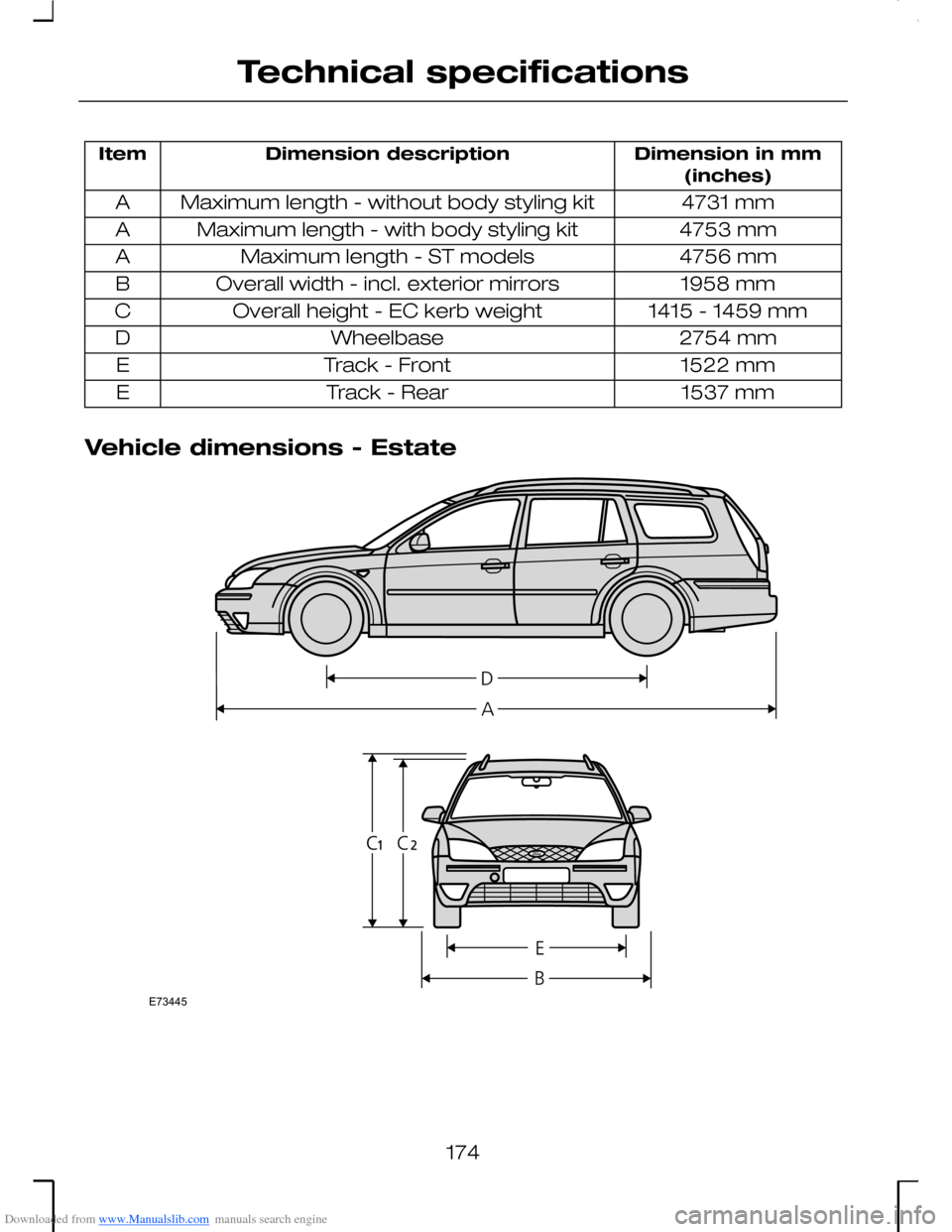FORD MONDEO 2006 2.G Owners Manual Downloaded from www.Manualslib.com manuals search engine Dimension in mm(inches)Dimension descriptionItem
4731 mmMaximum length - without body styling kitA
4753 mmMaximum length - with body styling ki
