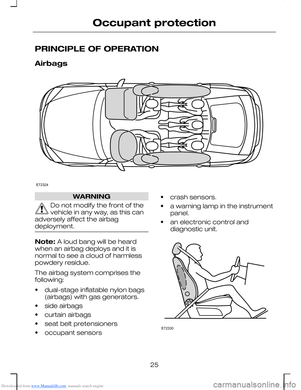 FORD MONDEO 2006 2.G Owners Manual Downloaded from www.Manualslib.com manuals search engine PRINCIPLE OF OPERATION
Airbags
WARNING
Do not modify the front of thevehicle in any way, as this canadversely affect the airbagdeployment.
Note