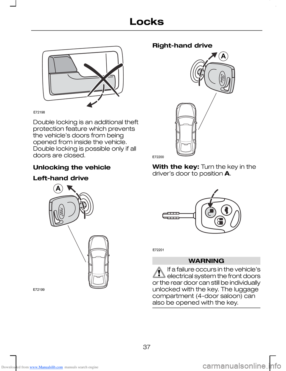 FORD MONDEO 2006 2.G Owners Guide Downloaded from www.Manualslib.com manuals search engine Double locking is an additional theftprotection feature which preventsthe vehicle’s doors from beingopened from inside the vehicle.Double loc FORD MONDEO 2006 2.G Owners Guide Downloaded from www.Manualslib.com manuals search engine Double locking is an additional theftprotection feature which preventsthe vehicle’s doors from beingopened from inside the vehicle.Double loc