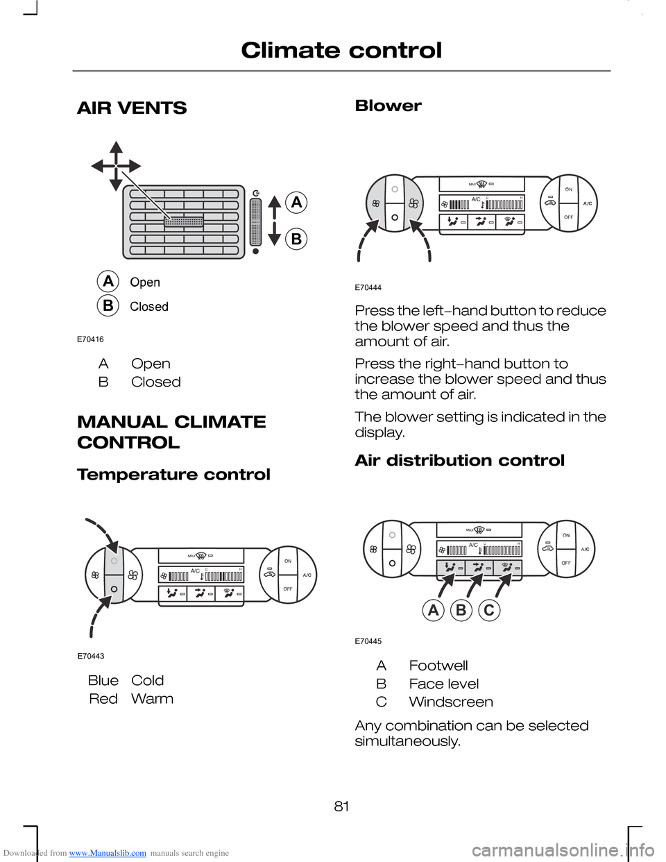 FORD MONDEO 2006 2.G Owners Manual Downloaded from www.Manualslib.com manuals search engine AIR VENTS
OpenA
ClosedB
MANUAL CLIMATE
CONTROL
Temperature control
ColdBlue
WarmRed
Blower
Press the left−hand button to reducethe blower spe