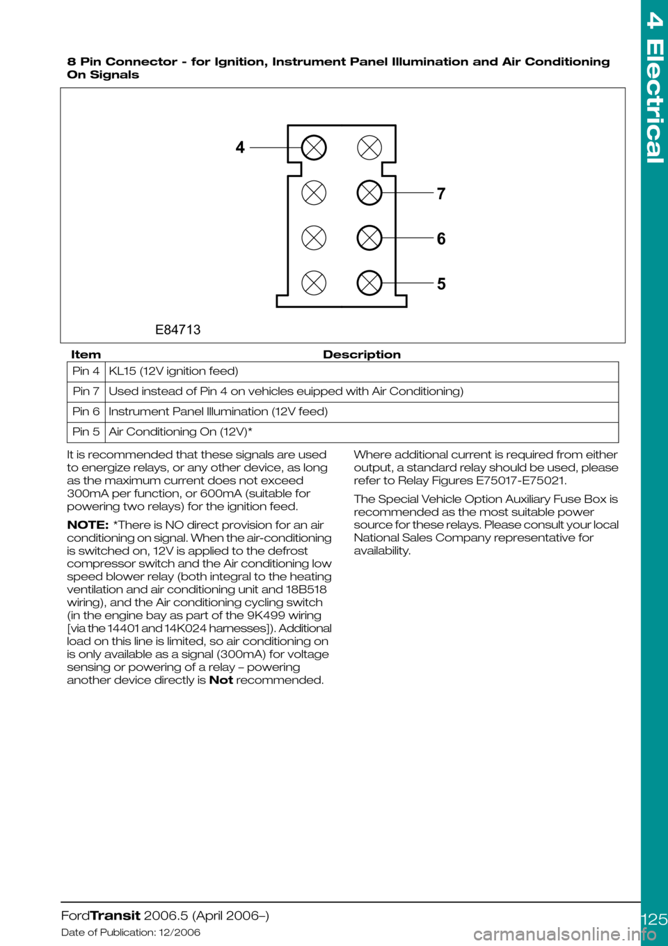 FORD TRANSIT 2006 7.G Body And Equipment Mounting Section Manual
8 Pin Connector - for Ignition, Instrument Panel Illumination and Air Conditioning
On Signals
DescriptionItem
KL15 (12V ignition feed)Pin 4
Used instead of Pin 4 on vehicles euipped with Air Conditi FORD TRANSIT 2006 7.G Body And Equipment Mounting Section Manual
8 Pin Connector - for Ignition, Instrument Panel Illumination and Air Conditioning
On Signals
DescriptionItem
KL15 (12V ignition feed)Pin 4
Used instead of Pin 4 on vehicles euipped with Air Conditi