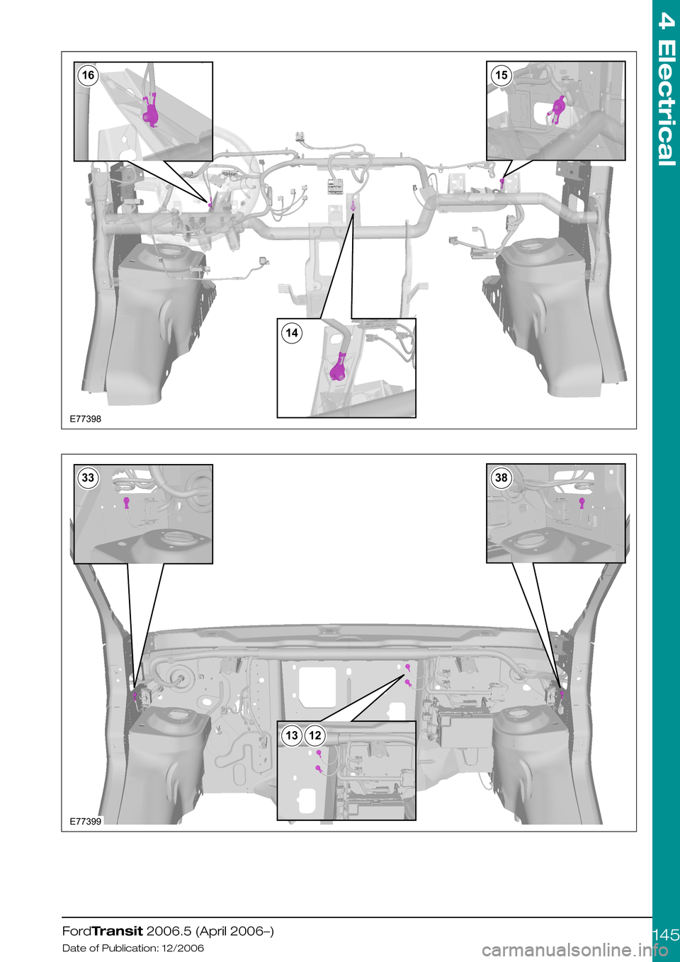 FORD TRANSIT 2006 7.G Body And Equipment Mounting Section Manual  
 
FordTransit 2006.5 (April 2006–)
Date of Publication: 12/2006
4 Electrical
145E77398161514 3338E773991312  