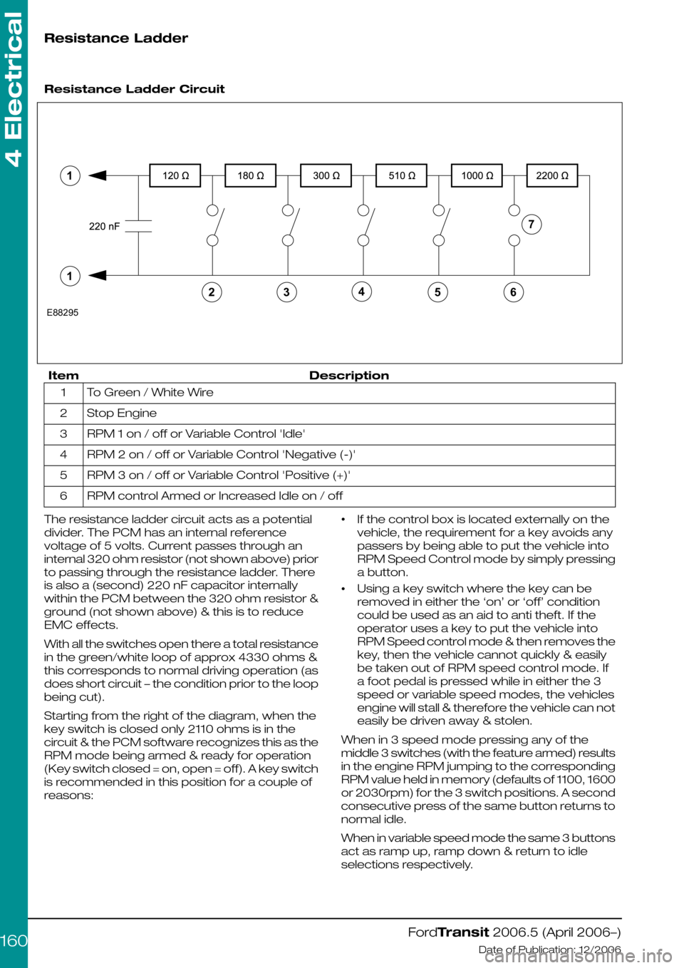FORD TRANSIT 2006 7.G Body And Equipment Mounting Section Manual Resistance Ladder
Resistance Ladder Circuit
DescriptionItem
To Green / White Wire1
Stop Engine2
RPM 1 on / off or Variable Control Idle3
RPM 2 on / off or Variable Control Negative (-)4
RPM 3 on FORD TRANSIT 2006 7.G Body And Equipment Mounting Section Manual Resistance Ladder
Resistance Ladder Circuit
DescriptionItem
To Green / White Wire1
Stop Engine2
RPM 1 on / off or Variable Control Idle3
RPM 2 on / off or Variable Control Negative (-)4
RPM 3 on