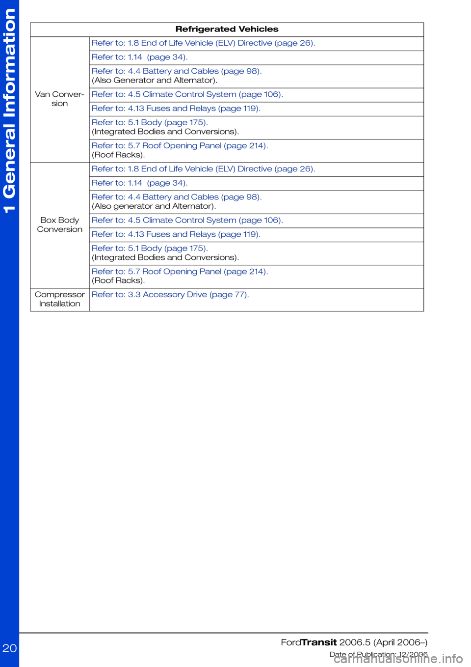 FORD TRANSIT 2006 7.G Body And Equipment Mounting Section Manual Refrigerated Vehicles
Refer to: 1.8 End of Life Vehicle (ELV) Directive (page 26).
Van Conver-
sion
Refer to: 1.14  (page 34).
Refer to: 4.4 Battery and Cables (page 98).
(Also Generator and Alternato