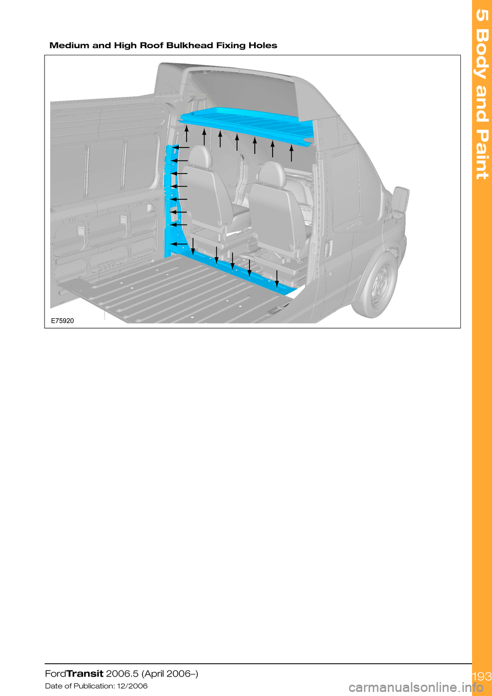 FORD TRANSIT 2006 7.G Body And Equipment Mounting Section Manual
Medium and High Roof Bulkhead Fixing Holes
FordTransit 2006.5 (April 2006–)
Date of Publication: 12/2006
5 Body and Paint
193E75920 FORD TRANSIT 2006 7.G Body And Equipment Mounting Section Manual
Medium and High Roof Bulkhead Fixing Holes
FordTransit 2006.5 (April 2006–)
Date of Publication: 12/2006
5 Body and Paint
193E75920