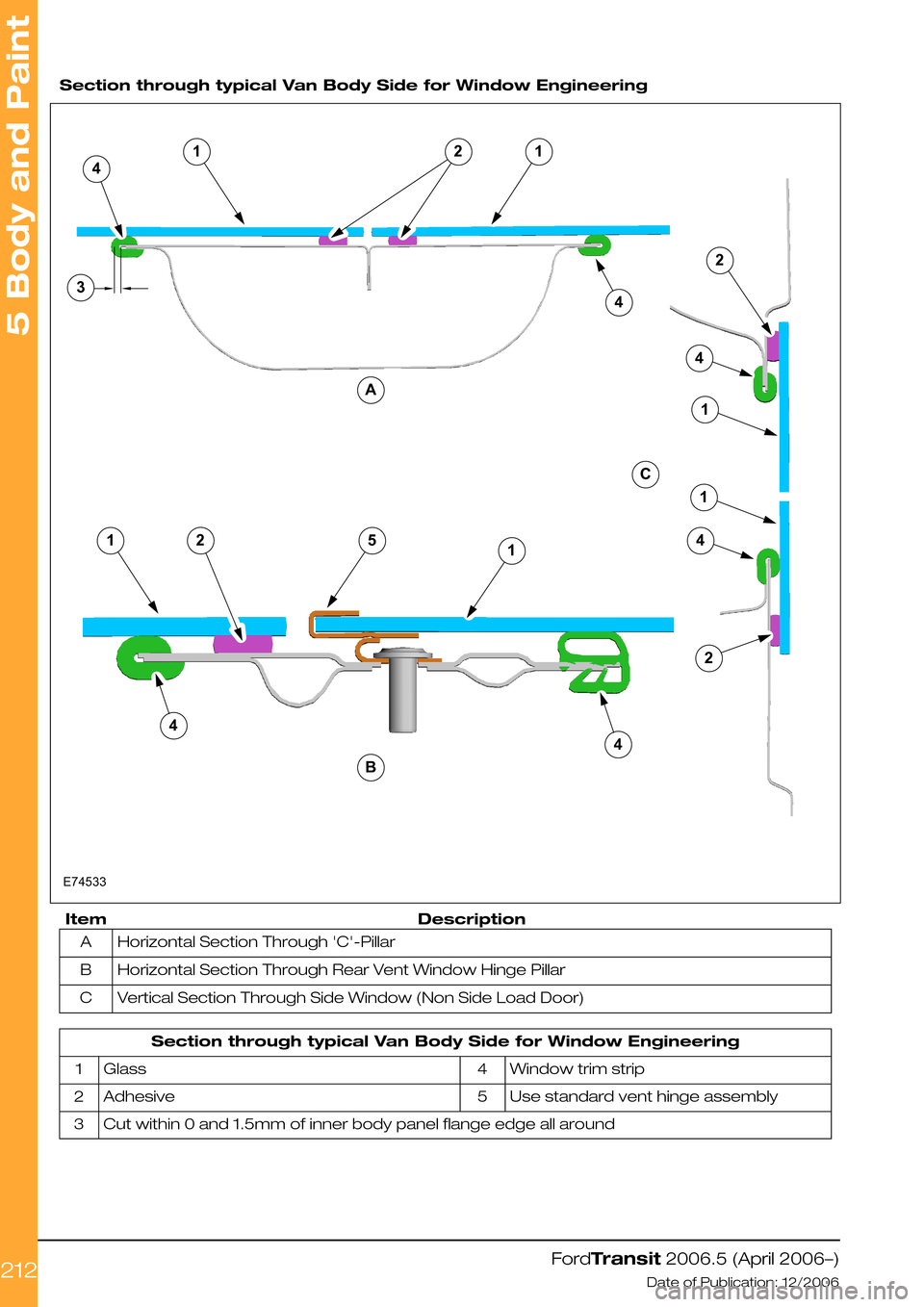 FORD TRANSIT 2006 7.G Body And Equipment Mounting Section Manual
Section through typical Van Body Side for Window Engineering
DescriptionItem
Horizontal Section Through C-PillarA
Horizontal Section Through Rear Vent Window Hinge PillarB
Vertical Section Through FORD TRANSIT 2006 7.G Body And Equipment Mounting Section Manual
Section through typical Van Body Side for Window Engineering
DescriptionItem
Horizontal Section Through C-PillarA
Horizontal Section Through Rear Vent Window Hinge PillarB
Vertical Section Through