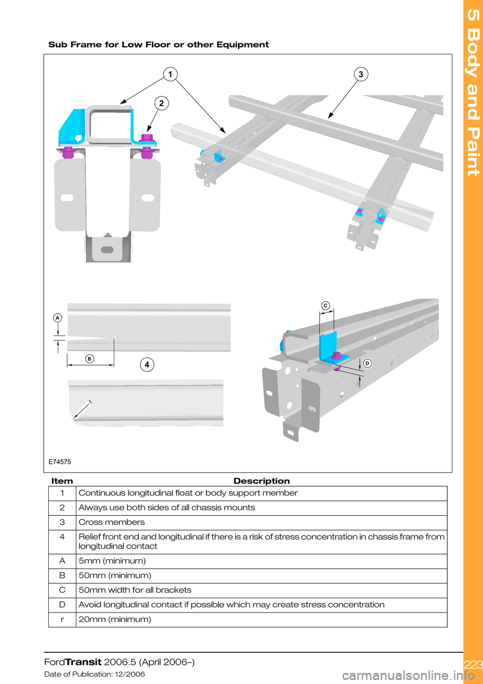 FORD TRANSIT 2006 7.G Body And Equipment Mounting Section Manual
Sub Frame for Low Floor or other Equipment
DescriptionItem
Continuous longitudinal float or body support member1
Always use both sides of all chassis mounts2
Cross members3
Relief front end and long FORD TRANSIT 2006 7.G Body And Equipment Mounting Section Manual
Sub Frame for Low Floor or other Equipment
DescriptionItem
Continuous longitudinal float or body support member1
Always use both sides of all chassis mounts2
Cross members3
Relief front end and long