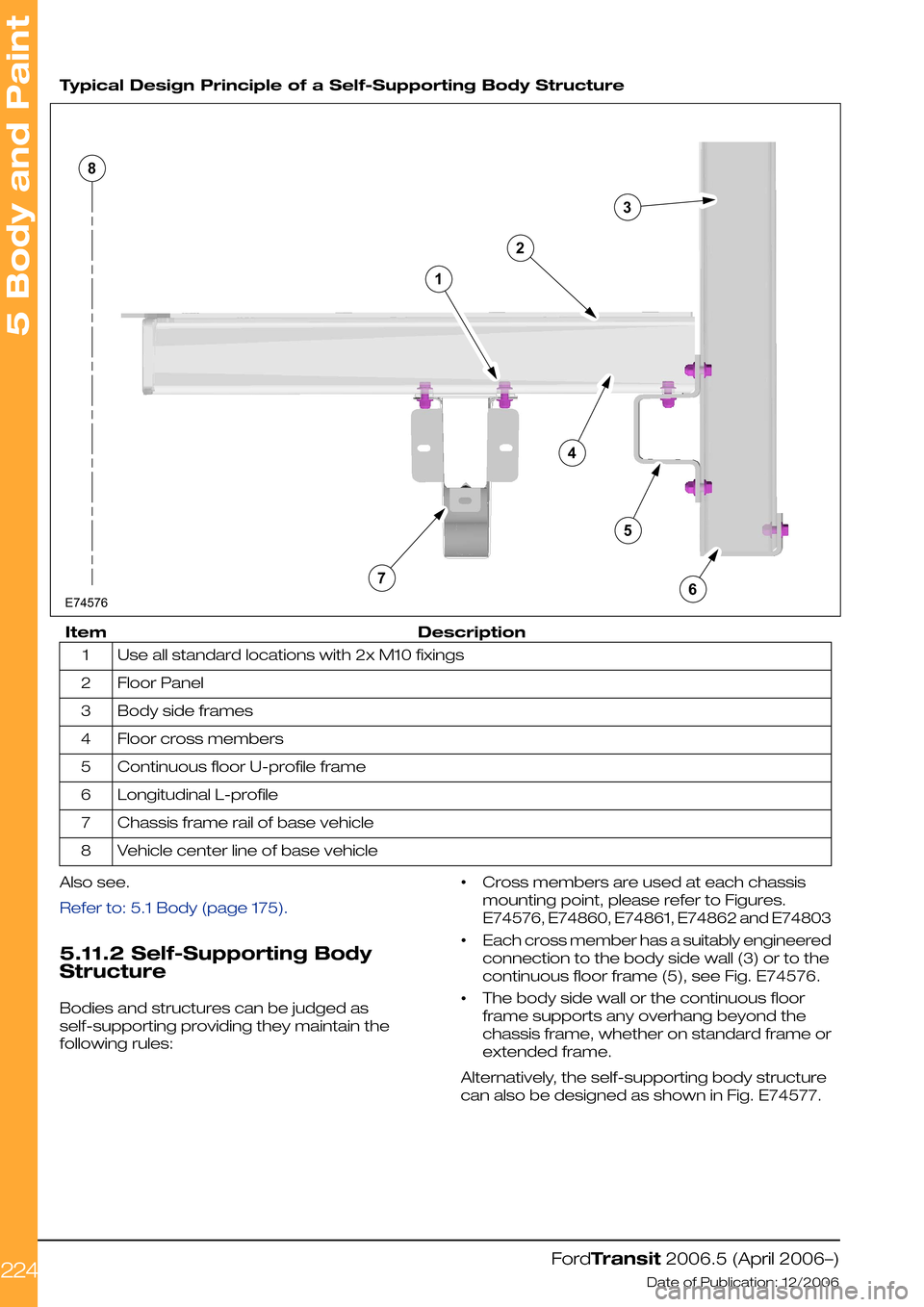 FORD TRANSIT 2006 7.G Body And Equipment Mounting Section Manual
Typical Design Principle of a Self-Supporting Body Structure
DescriptionItem
Use all standard locations with 2x M10 fixings1
Floor Panel2
Body side frames3
Floor cross members4
Continuous floor U-pr FORD TRANSIT 2006 7.G Body And Equipment Mounting Section Manual
Typical Design Principle of a Self-Supporting Body Structure
DescriptionItem
Use all standard locations with 2x M10 fixings1
Floor Panel2
Body side frames3
Floor cross members4
Continuous floor U-pr