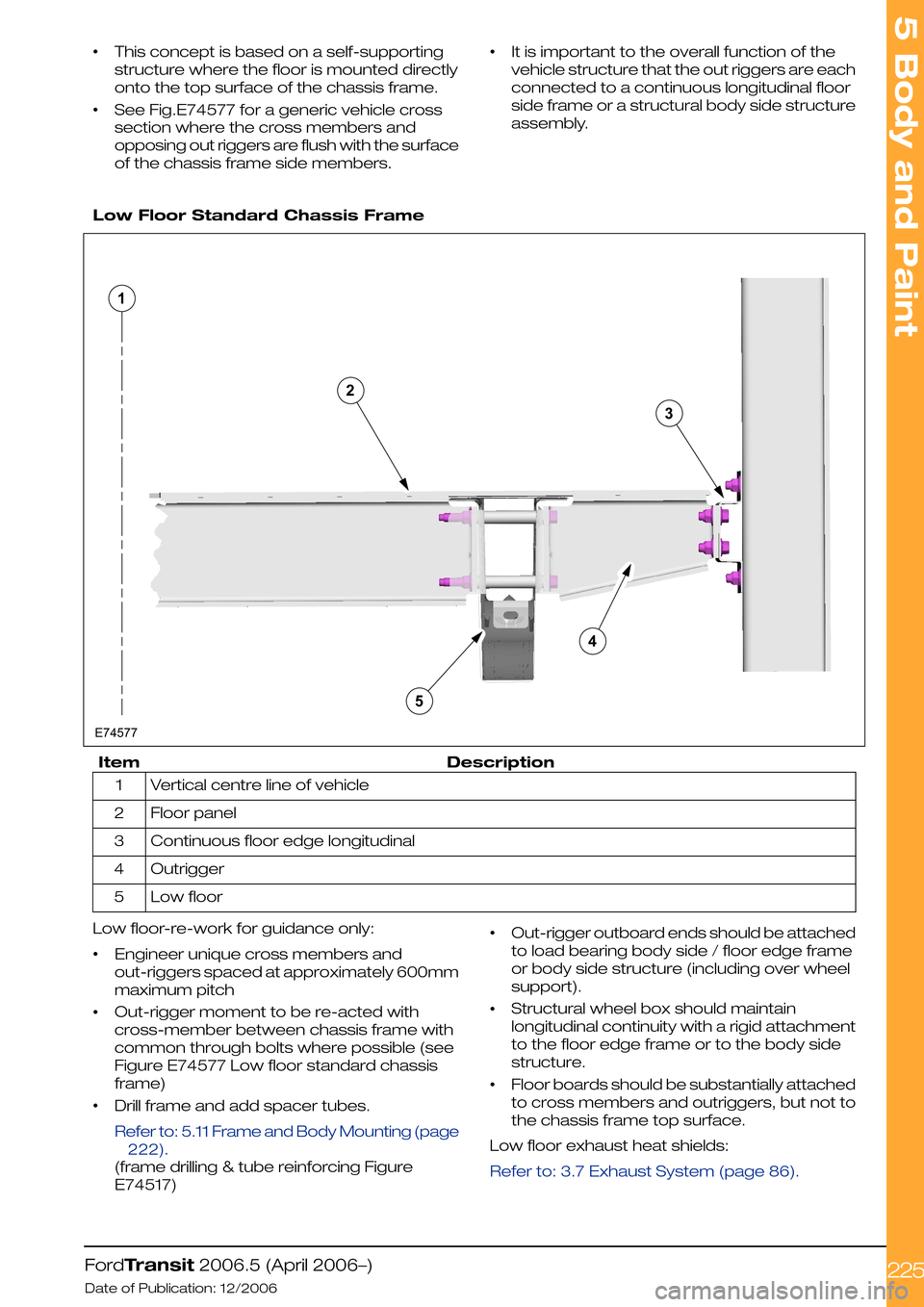 FORD TRANSIT 2006 7.G Body And Equipment Mounting Section Manual •This concept is based on a self-supporting
structure where the floor is mounted directly
onto the top surface of the chassis frame.
•See Fig.E74577 for a generic vehicle cross
section where the c FORD TRANSIT 2006 7.G Body And Equipment Mounting Section Manual •This concept is based on a self-supporting
structure where the floor is mounted directly
onto the top surface of the chassis frame.
•See Fig.E74577 for a generic vehicle cross
section where the c