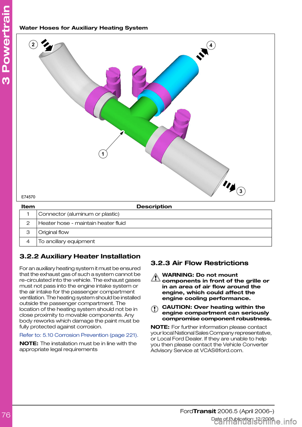 FORD TRANSIT 2006 7.G Body And Equipment Mounting Section Manual
Water Hoses for Auxiliary Heating System
DescriptionItem
Connector (aluminum or plastic)1
Heater hose - maintain heater fluid2
Original flow3
To ancillary equipment4
3.2.2 Auxiliary Heater Installat FORD TRANSIT 2006 7.G Body And Equipment Mounting Section Manual
Water Hoses for Auxiliary Heating System
DescriptionItem
Connector (aluminum or plastic)1
Heater hose - maintain heater fluid2
Original flow3
To ancillary equipment4
3.2.2 Auxiliary Heater Installat