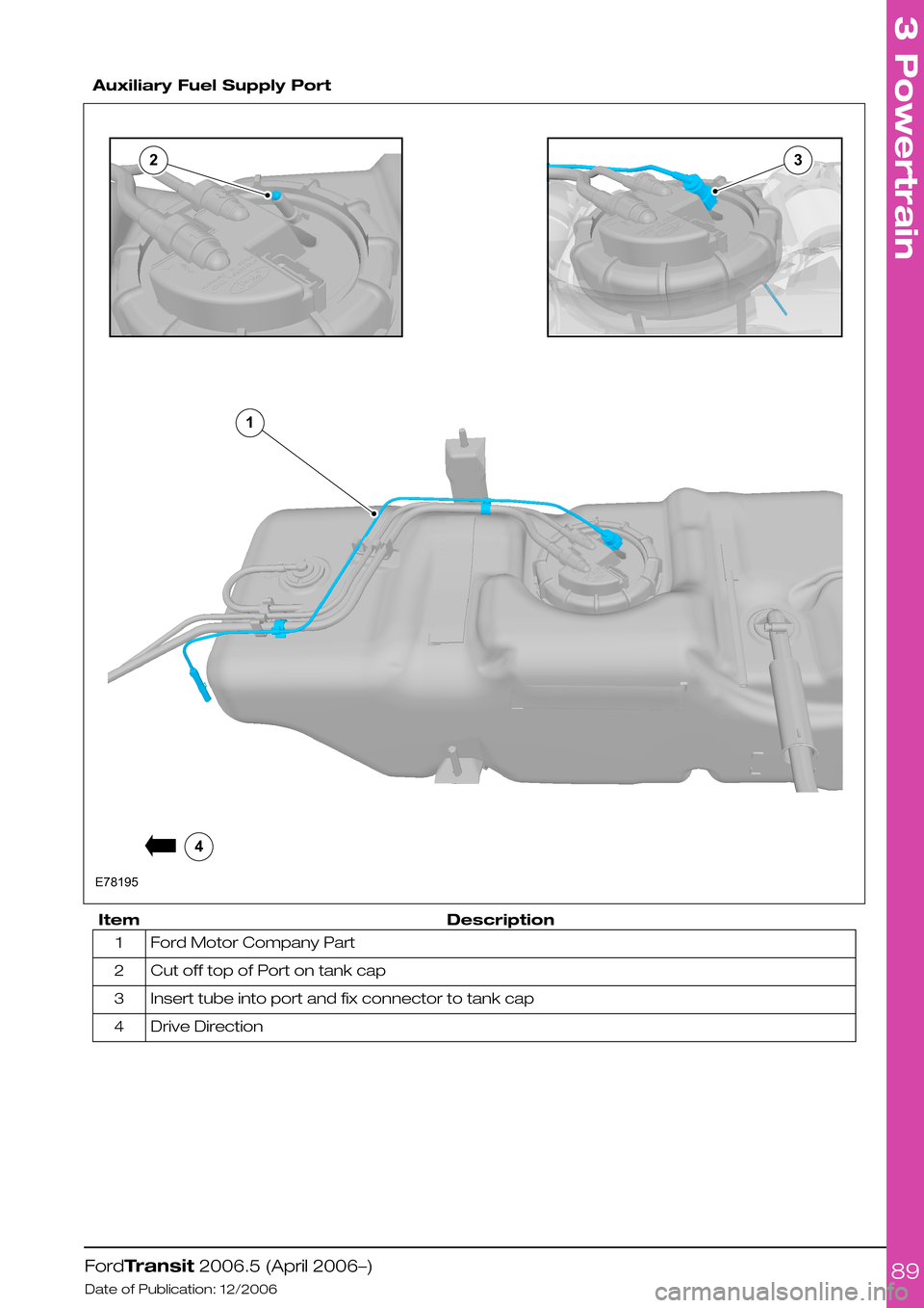 FORD TRANSIT 2006 7.G Body And Equipment Mounting Section Manual  
Auxiliary Fuel Supply Port
DescriptionItem
Ford Motor Company Part1
Cut off top of Port on tank cap2
Insert tube into port and fix connector to tank cap3
Drive Direction4
FordTransit 2006.5 (April 2