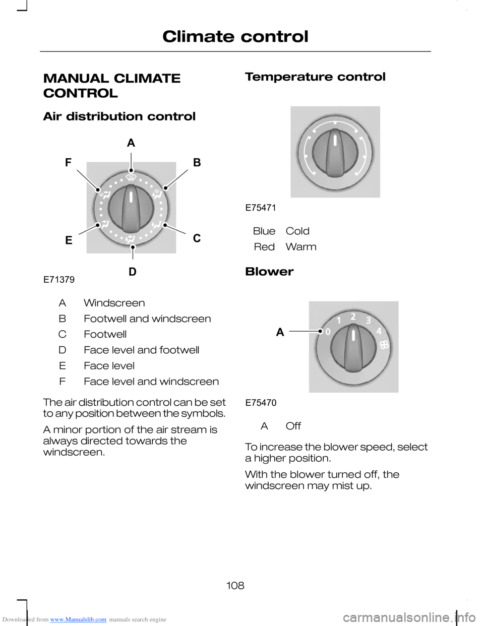 FORD C MAX 2008 1.G Owners Manual Downloaded from www.Manualslib.com manuals search engine MANUAL CLIMATE
CONTROL
Air distribution control
WindscreenA
Footwell and windscreenB
FootwellC
Face level and footwellD
Face levelE
Face level 