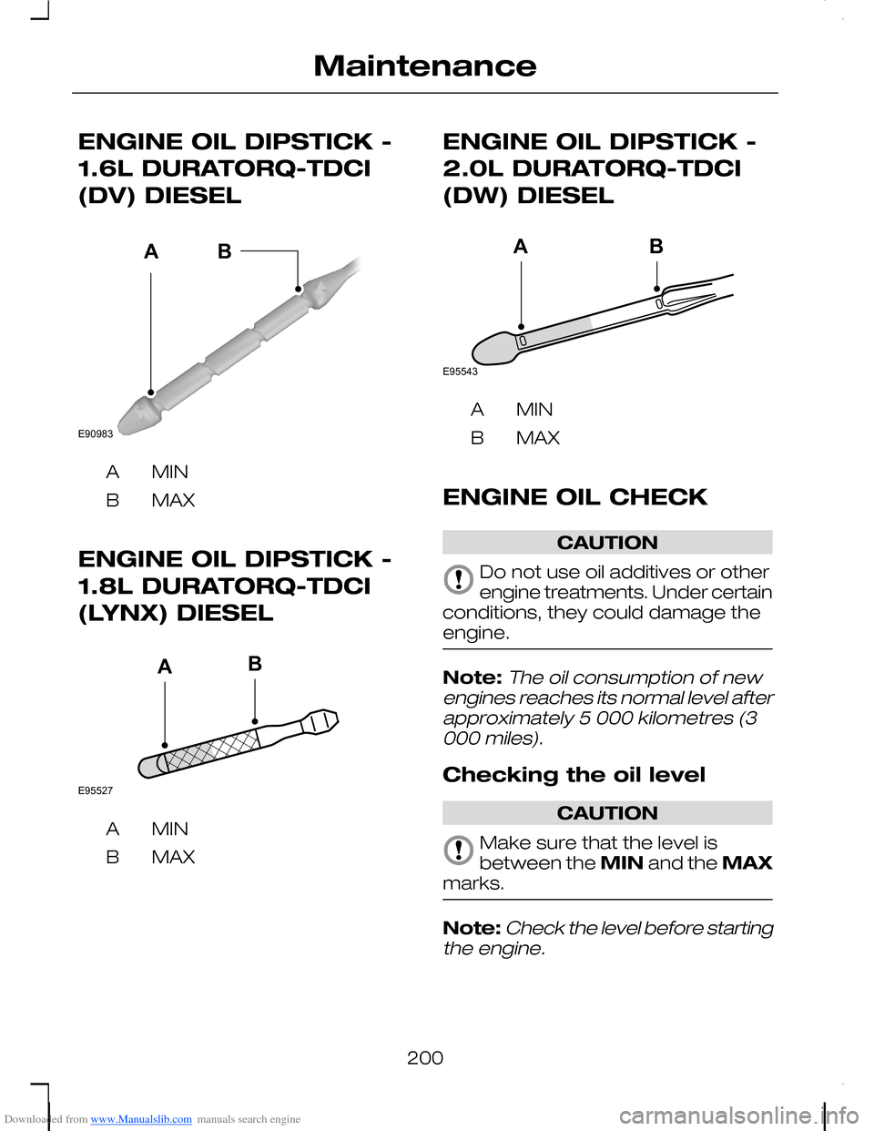 FORD C MAX 2008 1.G Owners Guide Downloaded from www.Manualslib.com manuals search engine ENGINE OIL DIPSTICK -
1.6L DURATORQ-TDCI
(DV) DIESEL
MINA
MAXB
ENGINE OIL DIPSTICK -
1.8L DURATORQ-TDCI
(LYNX) DIESEL
MINA
MAXB
ENGINE OIL DIPS