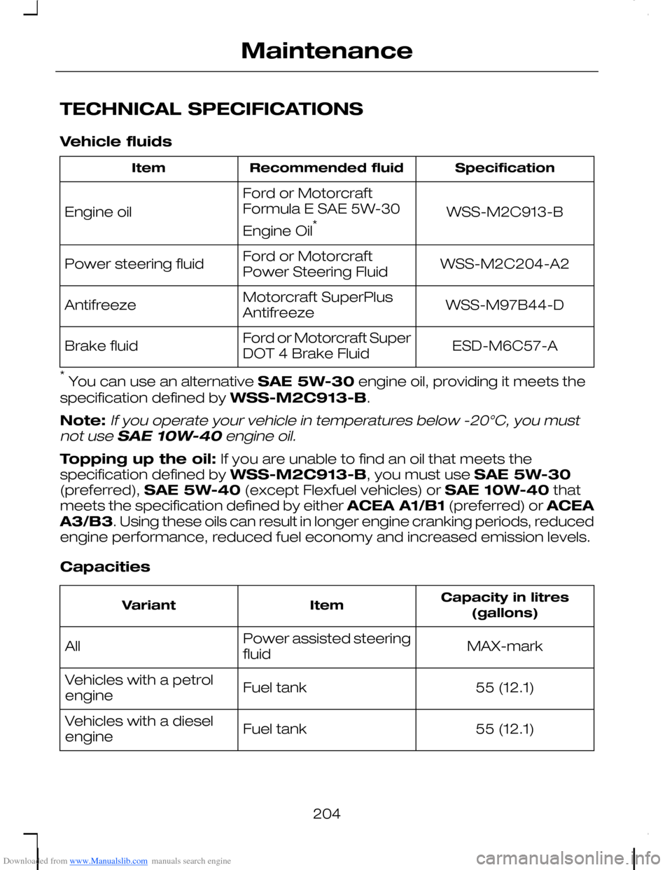 FORD C MAX 2008 1.G Owners Manual Downloaded from www.Manualslib.com manuals search engine TECHNICAL SPECIFICATIONS
Vehicle fluids
SpecificationRecommended fluidItem
WSS-M2C913-B
Ford or MotorcraftFormula E SAE 5W-30
Engine Oil*Engine FORD C MAX 2008 1.G Owners Manual Downloaded from www.Manualslib.com manuals search engine TECHNICAL SPECIFICATIONS
Vehicle fluids
SpecificationRecommended fluidItem
WSS-M2C913-B
Ford or MotorcraftFormula E SAE 5W-30
Engine Oil*Engine