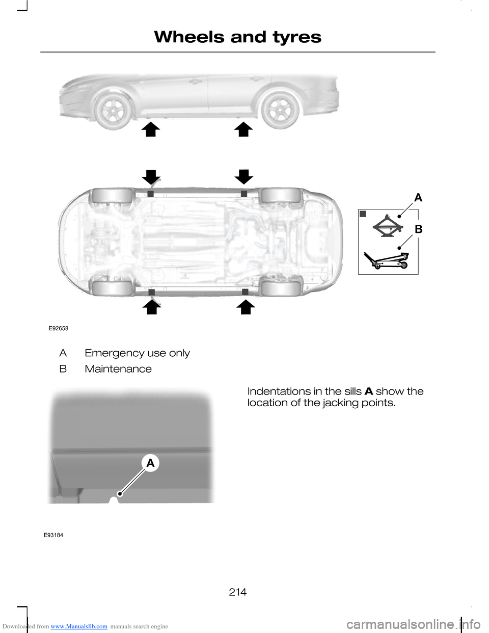 FORD C MAX 2008 1.G Owners Manual Downloaded from www.Manualslib.com manuals search engine Emergency use onlyA
MaintenanceB
Indentations in the sills A show thelocation of the jacking points.
214
Wheels and tyresE92658AB E93184A FORD C MAX 2008 1.G Owners Manual Downloaded from www.Manualslib.com manuals search engine Emergency use onlyA
MaintenanceB
Indentations in the sills A show thelocation of the jacking points.
214
Wheels and tyresE92658AB E93184A