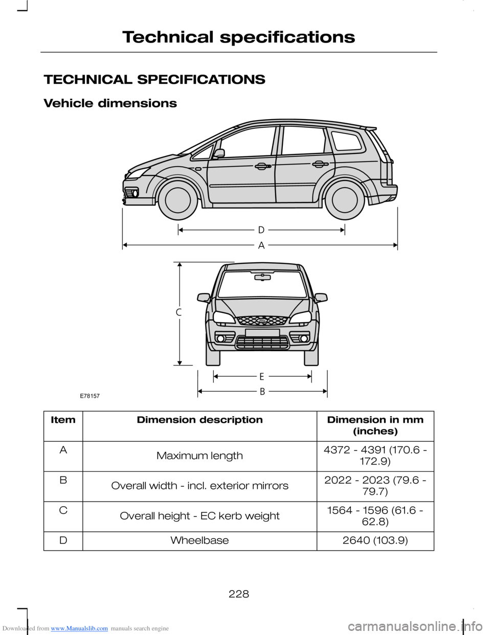 FORD C MAX 2008 1.G Owners Manual Downloaded from www.Manualslib.com manuals search engine TECHNICAL SPECIFICATIONS
Vehicle dimensions
Dimension in mm(inches)Dimension descriptionItem
4372 - 4391 (170.6 -172.9)Maximum lengthA
2022 - 2