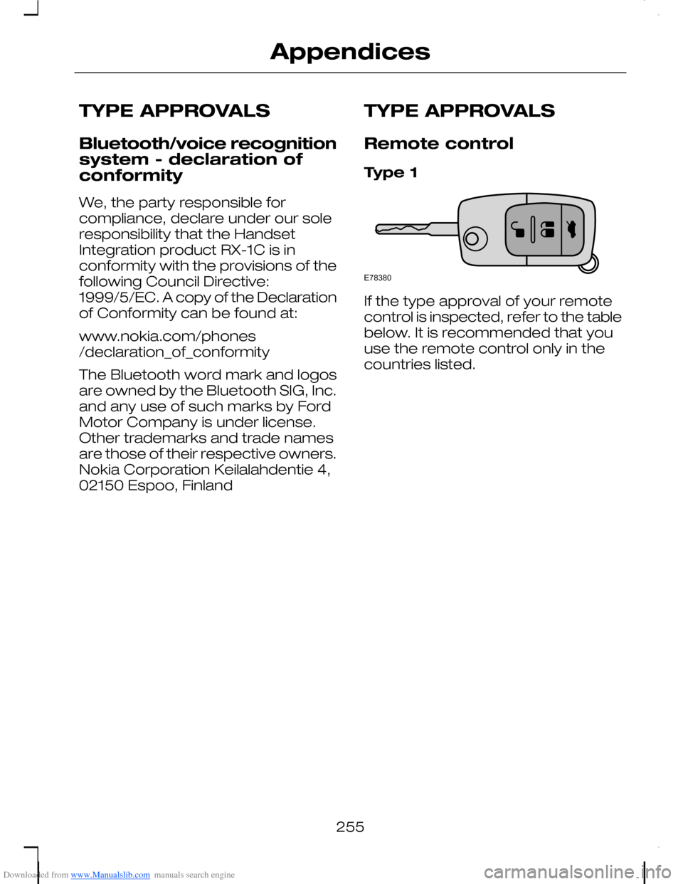 FORD C MAX 2008 1.G Owners Manual Downloaded from www.Manualslib.com manuals search engine TYPE APPROVALS
Bluetooth/voice recognitionsystem - declaration ofconformity
We, the party responsible forcompliance, declare under our soleresp