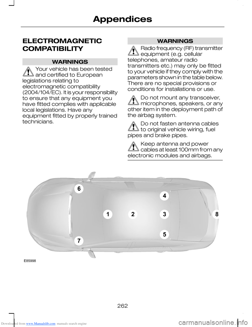 FORD C MAX 2008 1.G Owners Manual Downloaded from www.Manualslib.com manuals search engine ELECTROMAGNETIC
COMPATIBILITY
WARNINGS
Your vehicle has been testedand certified to Europeanlegislations relating toelectromagnetic compatibili