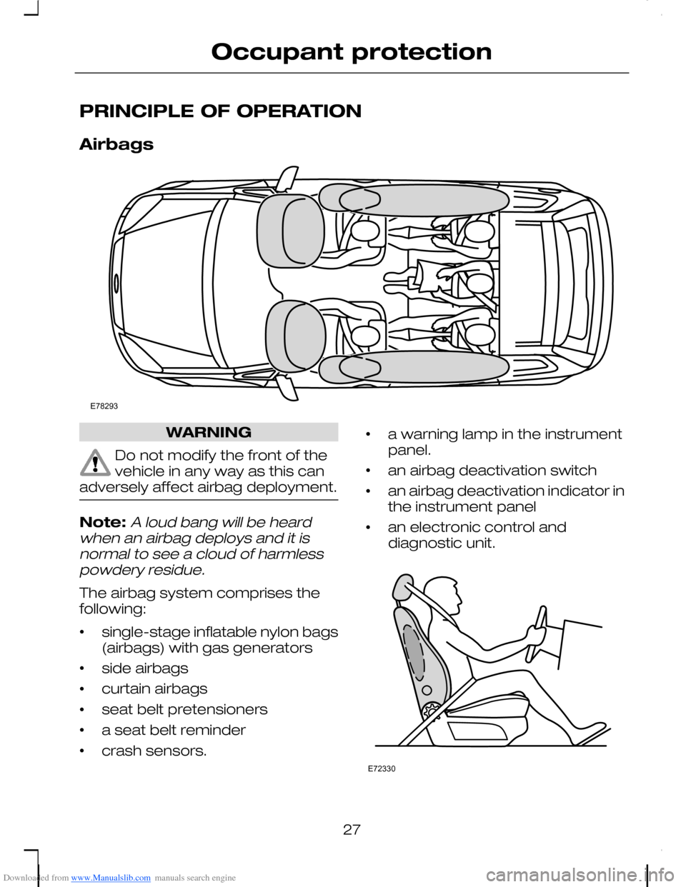 FORD C MAX 2008 1.G User Guide Downloaded from www.Manualslib.com manuals search engine PRINCIPLE OF OPERATION
Airbags
WARNING
Do not modify the front of thevehicle in any way as this canadversely affect airbag deployment.
Note:A l