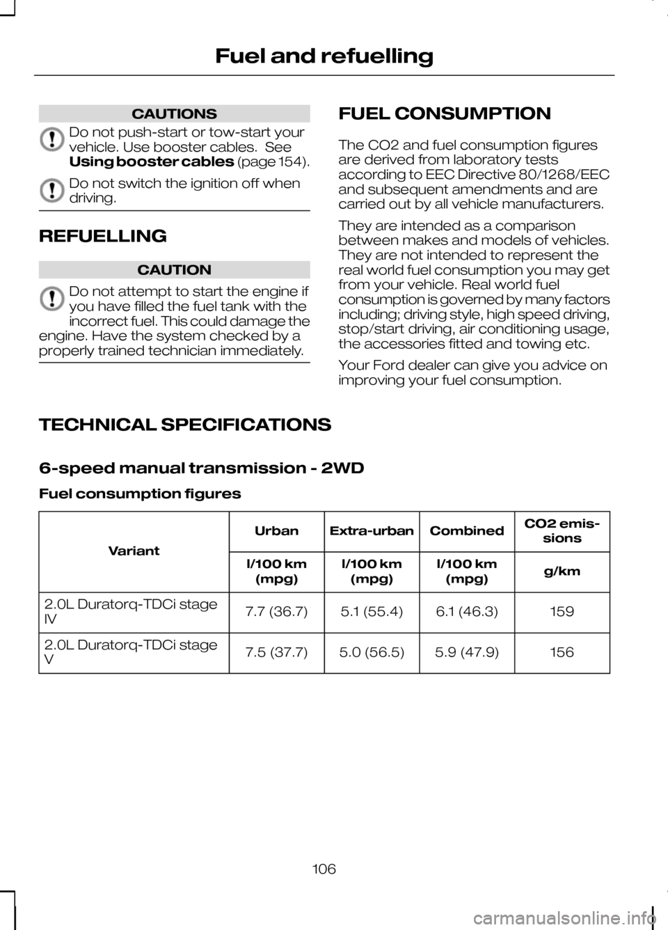 FORD KUGA 2010 1.G Owners Manual CAUTIONS
Do not push-start or tow-start your
vehicle. Use booster cables. See
Using booster cables
(page 154).Do not switch the ignition off when
driving.
REFUELLING
CAUTION
Do not attempt to start th