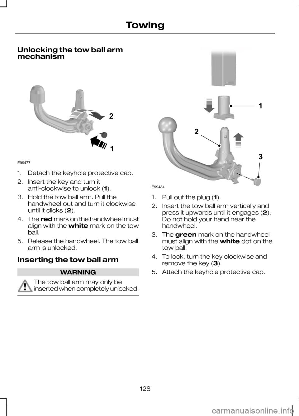 FORD KUGA 2010 1.G Owners Manual Unlocking the tow ball arm
mechanism
1. Detach the keyhole protective cap.
2. Insert the key and turn it
anti-clockwise to unlock (1).
3. Hold the tow ball arm. Pull the handwheel out and turn it cloc