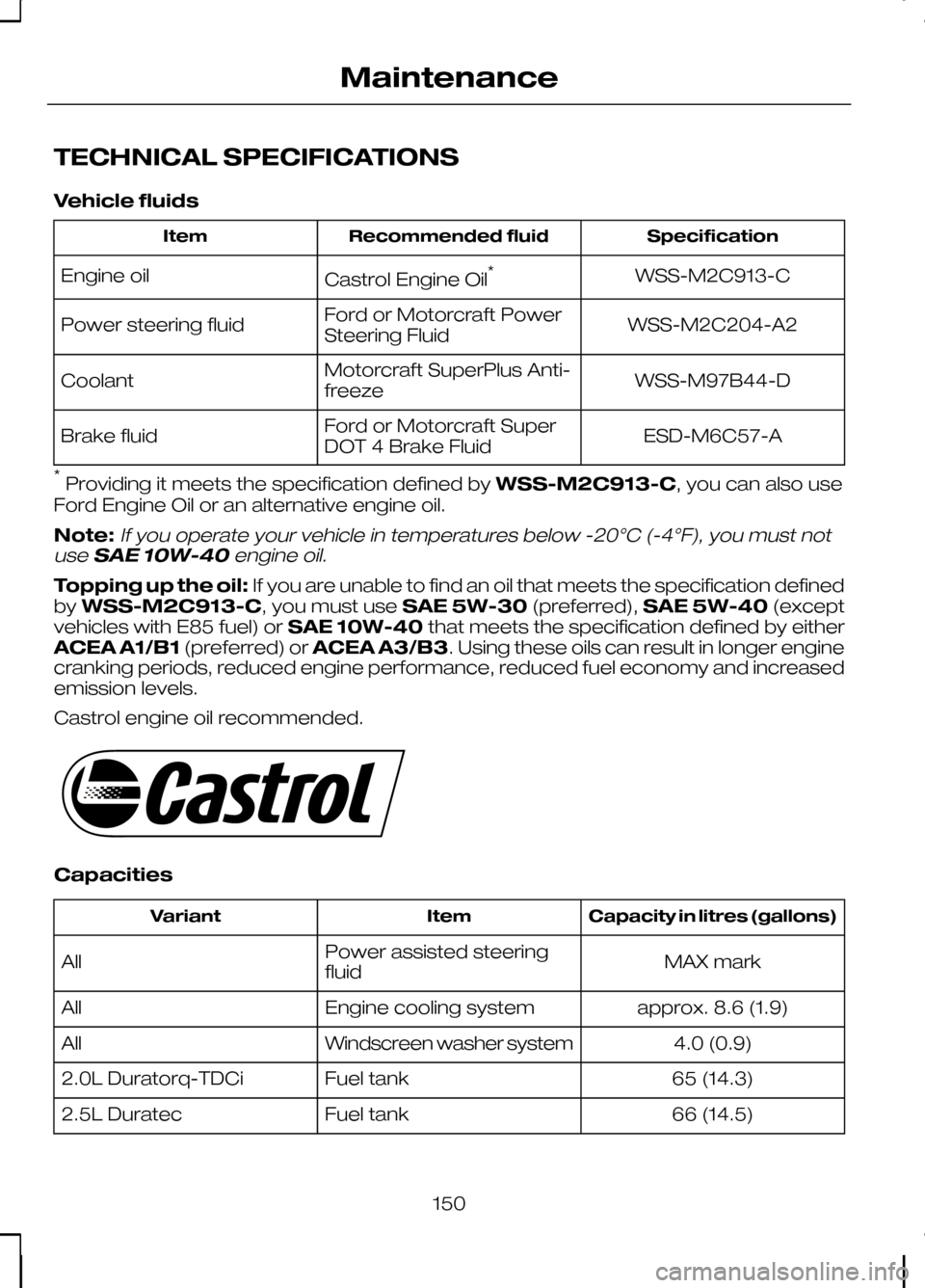 FORD KUGA 2010 1.G Owners Manual TECHNICAL SPECIFICATIONS
Vehicle fluids
Specification
Recommended fluid
Item
WSS-M2C913-C
Castrol Engine Oil *
Engine oil
WSS-M2C204-A2
Ford or Motorcraft Power
Steering Fluid
Power steering fluid
WSS FORD KUGA 2010 1.G Owners Manual TECHNICAL SPECIFICATIONS
Vehicle fluids
Specification
Recommended fluid
Item
WSS-M2C913-C
Castrol Engine Oil *
Engine oil
WSS-M2C204-A2
Ford or Motorcraft Power
Steering Fluid
Power steering fluid
WSS