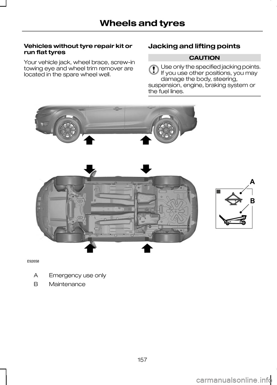 FORD KUGA 2010 1.G Owners Manual Vehicles without tyre repair kit or
run flat tyres
Your vehicle jack, wheel brace, screw-in
towing eye and wheel trim remover are
located in the spare wheel well.
Jacking and lifting points CAUTION
Us