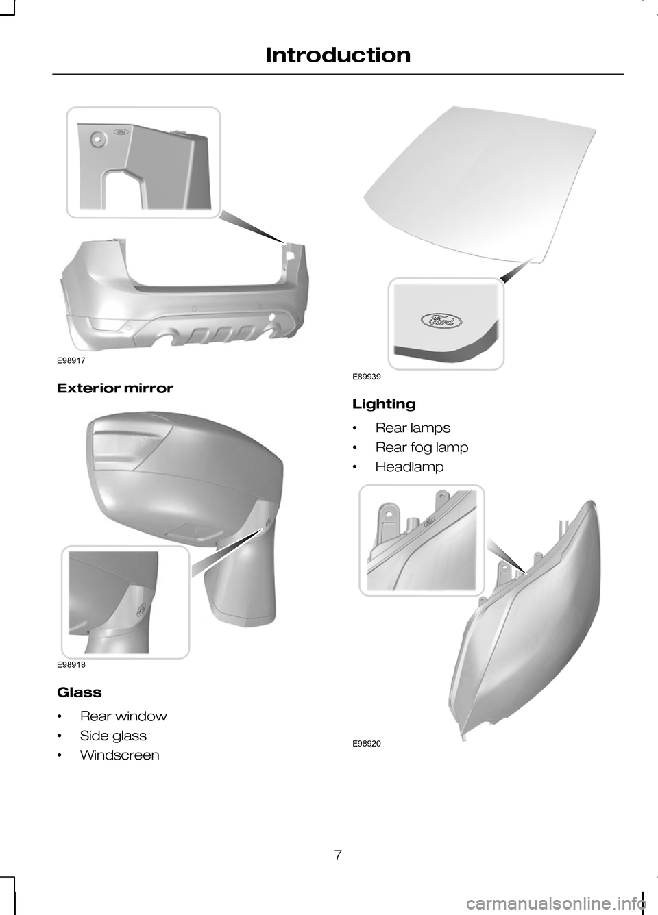 FORD KUGA 2010 1.G Owners Manual Exterior mirror
Glass
•
Rear window
• Side glass
• Windscreen Lighting
•
Rear lamps
• Rear fog lamp
• Headlamp 7
IntroductionE98917 E98918 E89939 E98920  