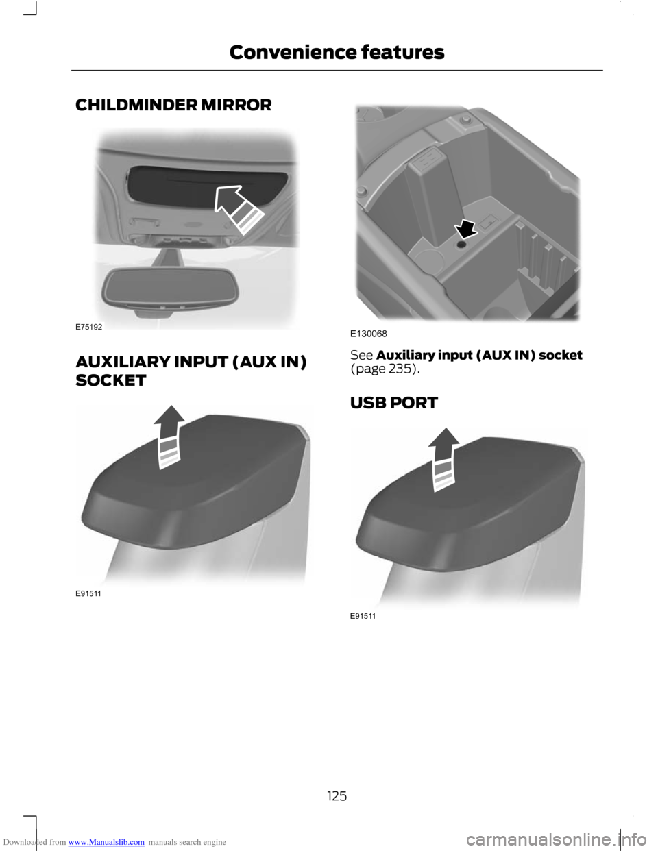 FORD C MAX 2011 2.G Owners Manual Downloaded from www.Manualslib.com manuals search engine CHILDMINDER MIRROR
AUXILIARY INPUT (AUX IN)
SOCKET See Auxiliary input (AUX IN) socket
(page 235).
USB PORT
125
Convenience featuresE75192 E915 FORD C MAX 2011 2.G Owners Manual Downloaded from www.Manualslib.com manuals search engine CHILDMINDER MIRROR
AUXILIARY INPUT (AUX IN)
SOCKET See Auxiliary input (AUX IN) socket
(page 235).
USB PORT
125
Convenience featuresE75192 E915