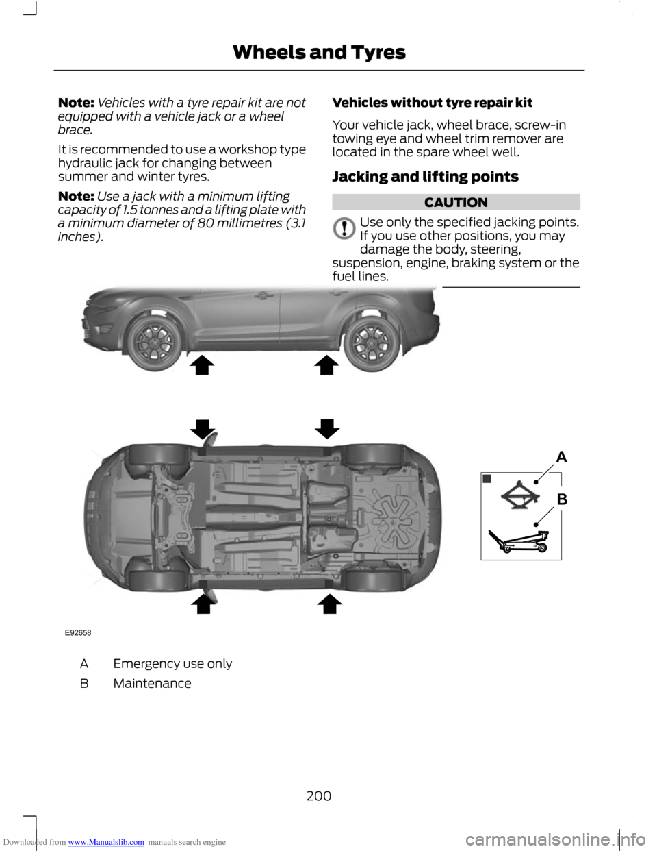 FORD C MAX 2011 2.G Owners Manual Downloaded from www.Manualslib.com manuals search engine Note:
Vehicles with a tyre repair kit are not
equipped with a vehicle jack or a wheel
brace.
It is recommended to use a workshop type
hydraulic