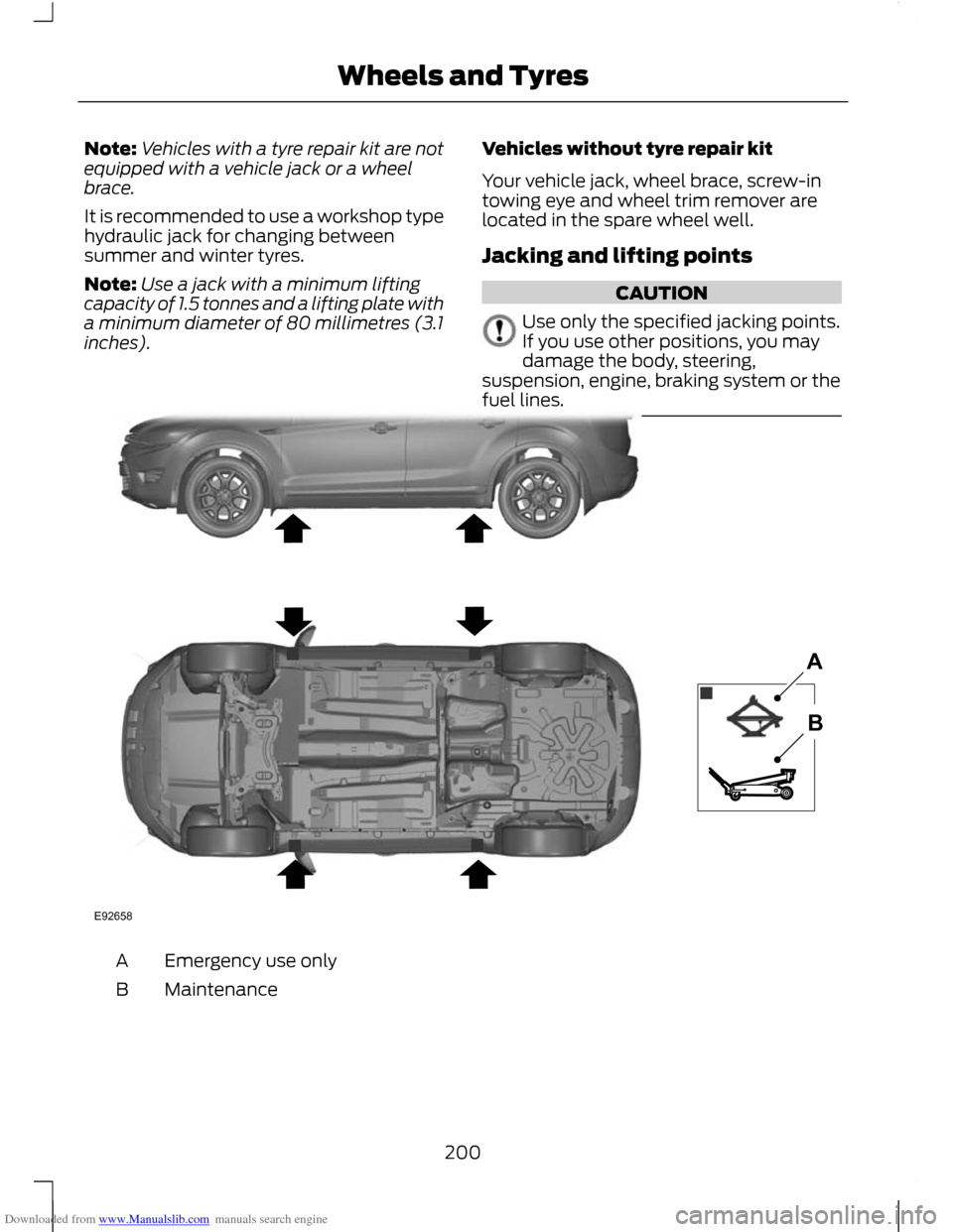 FORD C MAX 2011 2.G Owners Manual Downloaded from www.Manualslib.com manuals search engine Note:
Vehicles with a tyre repair kit are not
equipped with a vehicle jack or a wheel
brace.
It is recommended to use a workshop type
hydraulic FORD C MAX 2011 2.G Owners Manual Downloaded from www.Manualslib.com manuals search engine Note:
Vehicles with a tyre repair kit are not
equipped with a vehicle jack or a wheel
brace.
It is recommended to use a workshop type
hydraulic