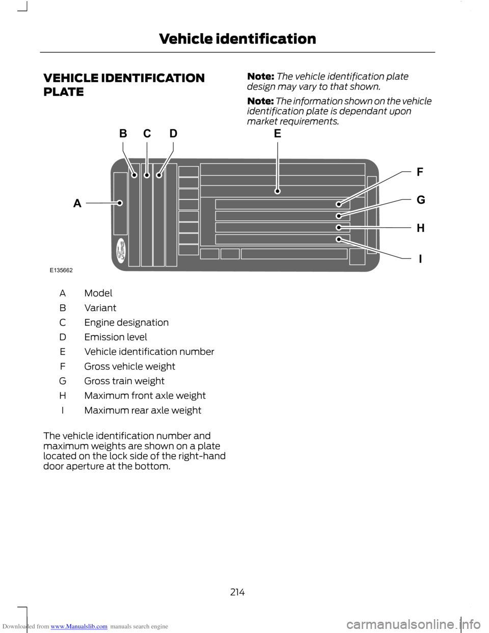 FORD C MAX 2011 2.G Owners Manual Downloaded from www.Manualslib.com manuals search engine VEHICLE IDENTIFICATION
PLATE
Note:
The vehicle identification plate
design may vary to that shown.
Note: The information shown on the vehicle
i