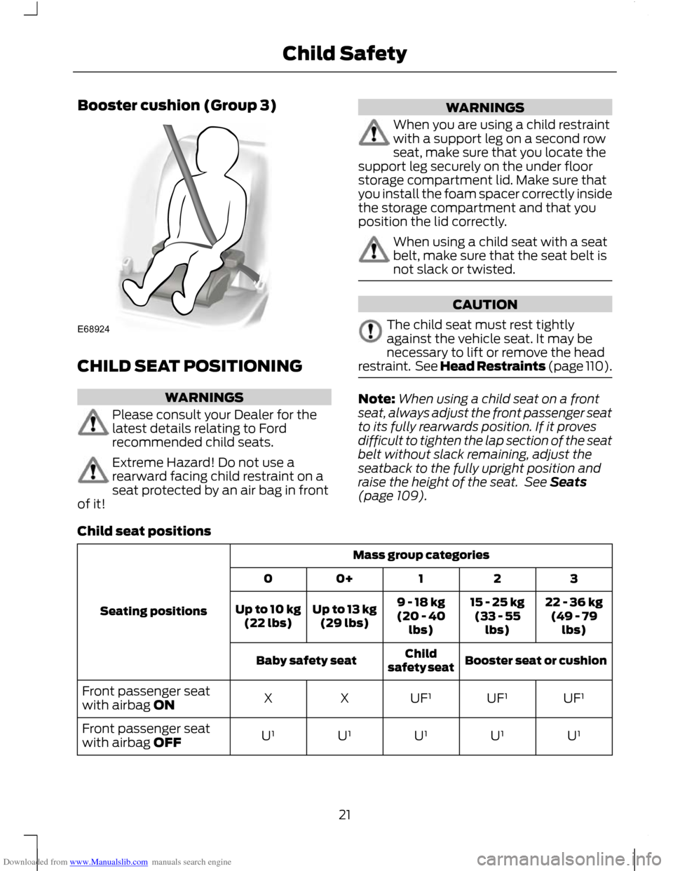 FORD C MAX 2011 2.G User Guide Downloaded from www.Manualslib.com manuals search engine Booster cushion (Group 3)
CHILD SEAT POSITIONING
WARNINGS
Please consult your Dealer for the
latest details relating to Ford
recommended child 