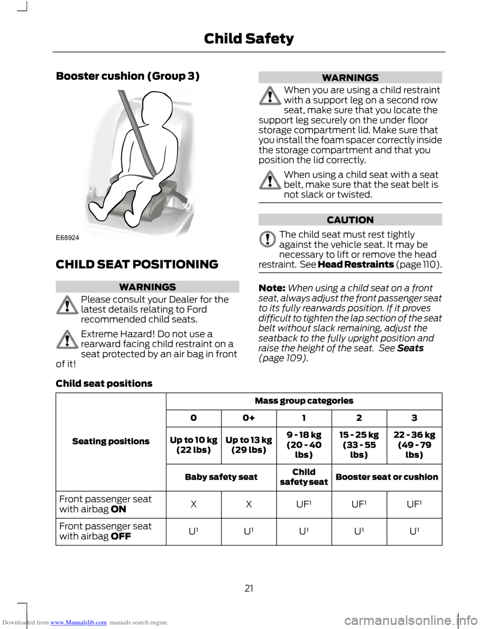 FORD C MAX 2011 2.G Owners Manual Downloaded from www.Manualslib.com manuals search engine Booster cushion (Group 3)
CHILD SEAT POSITIONING
WARNINGS
Please consult your Dealer for the
latest details relating to Ford
recommended child 