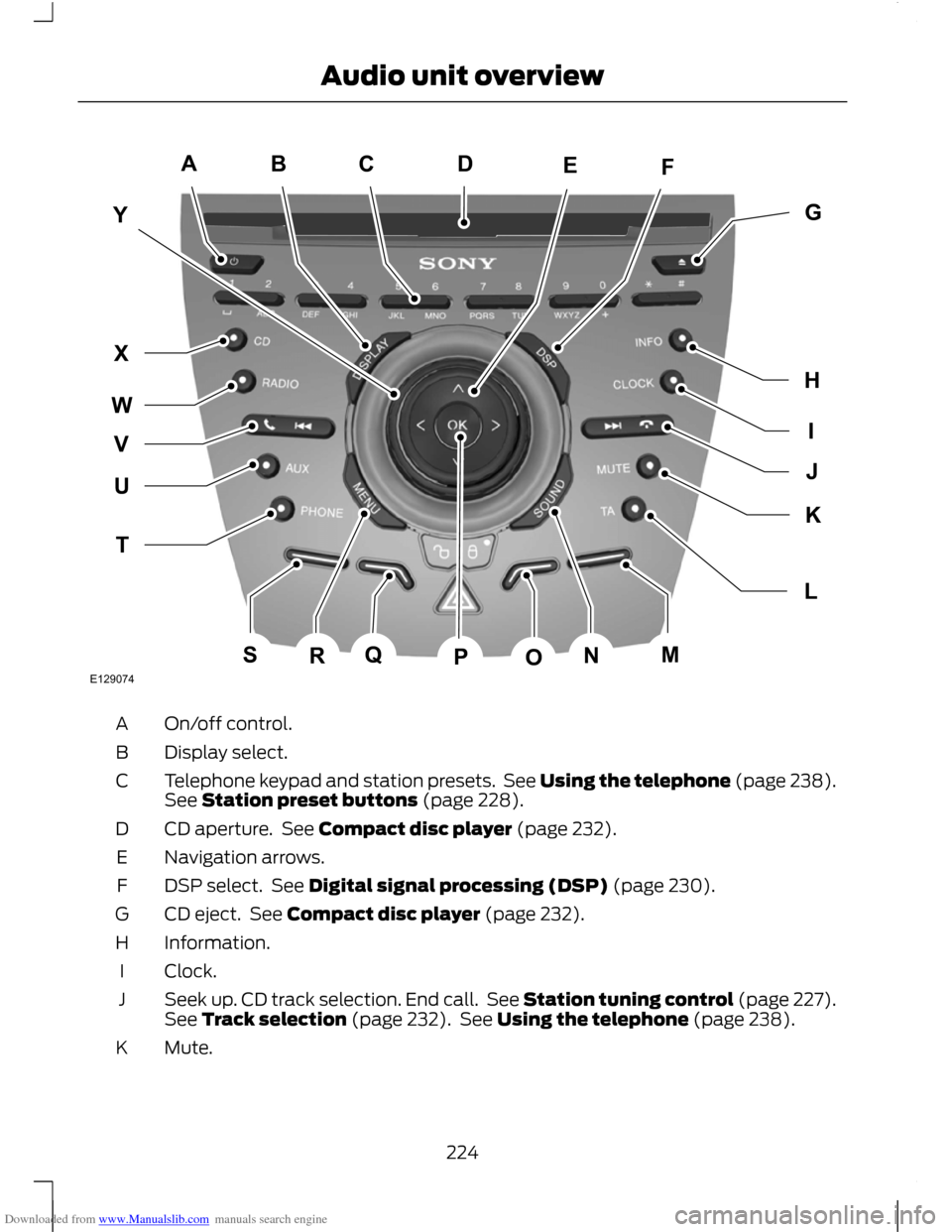 FORD C MAX 2011 2.G Owners Manual Downloaded from www.Manualslib.com manuals search engine On/off control.
A
Display select.
B
Telephone keypad and station presets.  See Using the telephone (page 238).
See Station preset buttons (page