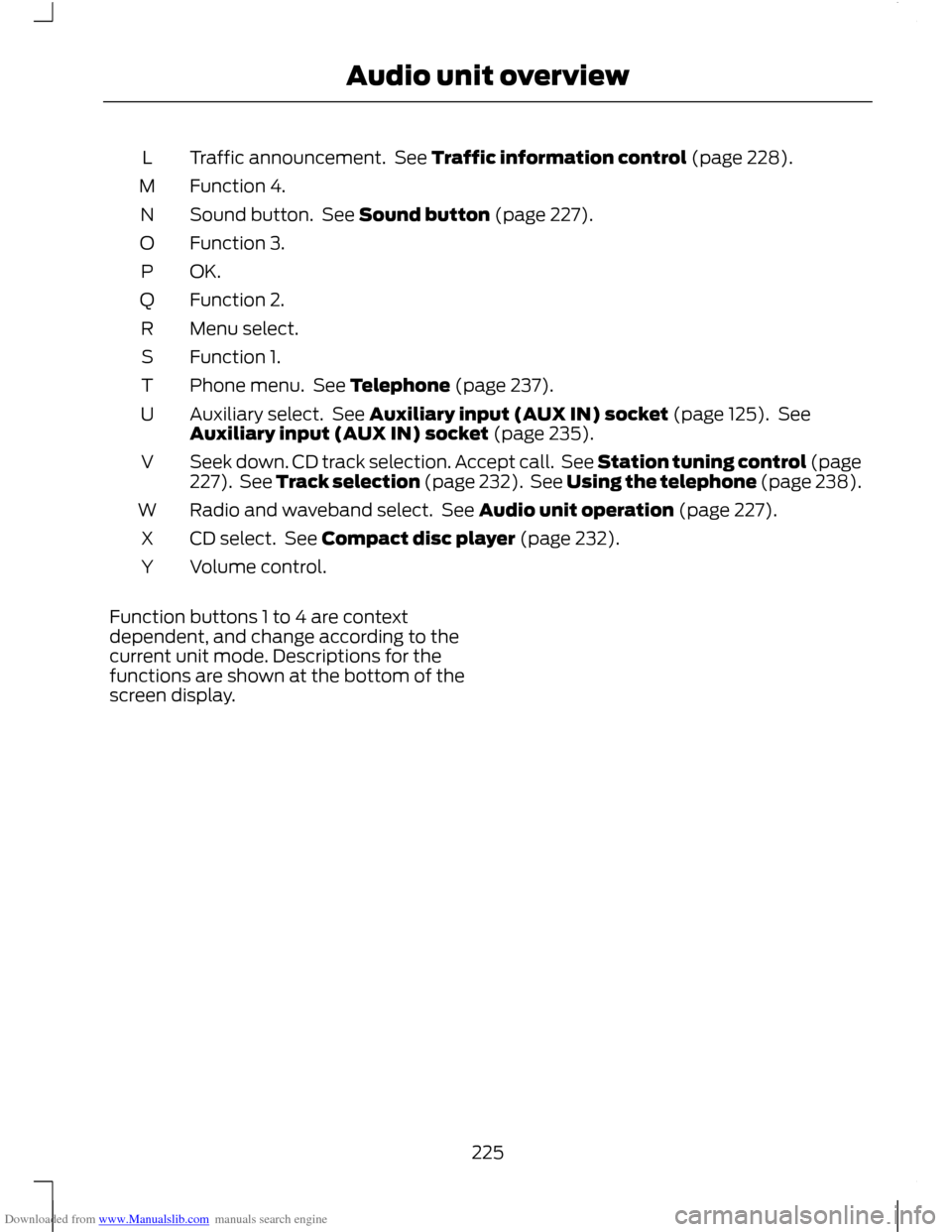 FORD C MAX 2011 2.G Owners Manual Downloaded from www.Manualslib.com manuals search engine Traffic announcement. See Traffic information control (page 228).
L
Function 4.
M
Sound button. See Sound button (page 227).
N
Function 3.
O
FORD C MAX 2011 2.G Owners Manual Downloaded from www.Manualslib.com manuals search engine Traffic announcement. See Traffic information control (page 228).
L
Function 4.
M
Sound button. See Sound button (page 227).
N
Function 3.
O