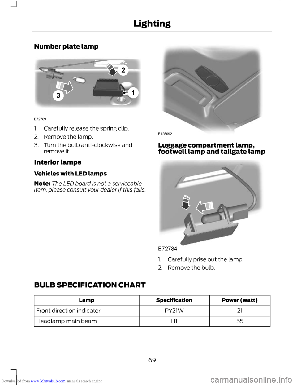 FORD C MAX 2011 2.G Owners Manual Downloaded from www.Manualslib.com manuals search engine Number plate lamp
1. Carefully release the spring clip.
2. Remove the lamp.
3. Turn the bulb anti-clockwise and
remove it.
Interior lamps
Vehic FORD C MAX 2011 2.G Owners Manual Downloaded from www.Manualslib.com manuals search engine Number plate lamp
1. Carefully release the spring clip.
2. Remove the lamp.
3. Turn the bulb anti-clockwise and
remove it.
Interior lamps
Vehic