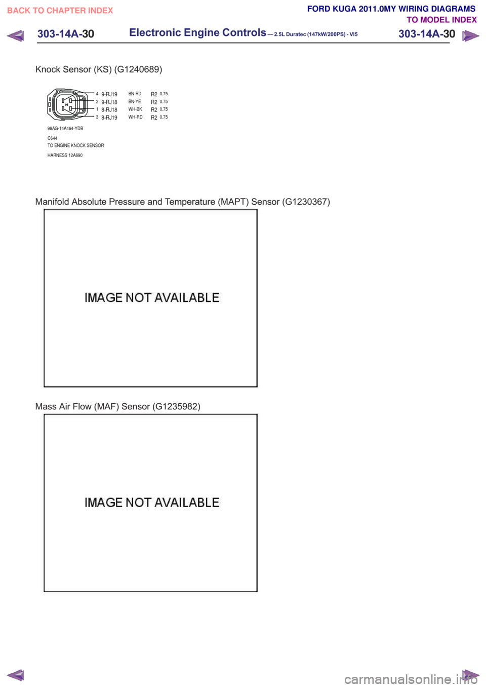 FORD KUGA 2011 1.G Wiring Diagram Owners Manual Manifold Absolute Pressure and Temperature (MAPT) Sensor (G1230367)
Mass Air Flow (MAF) Sensor (G1235982)
Knock Sensor (KS) (G1240689)
12
3
4
98AG-14A464-YDB
HARNESS 12A690 TO ENGINE KNOCK SENSOR C644