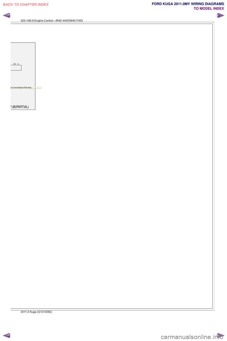 FORD KUGA 2011 1.G Wiring Diagram User Guide FJB(PARTIAL)
WA 1.0
ain Control Module (PCM) Relay
303-14B-9 Engine Control—RHD 4WD/RHD FWD
2011.0 Kuga (G1313082)
BACK TO CHAPTER INDEXTO MODEL INDEXFORD KUGA 2011.0MY WIRING DIAGRAMS FORD KUGA 2011 1.G Wiring Diagram User Guide FJB(PARTIAL)
WA 1.0
ain Control Module (PCM) Relay
303-14B-9 Engine Control—RHD 4WD/RHD FWD
2011.0 Kuga (G1313082)
BACK TO CHAPTER INDEXTO MODEL INDEXFORD KUGA 2011.0MY WIRING DIAGRAMS