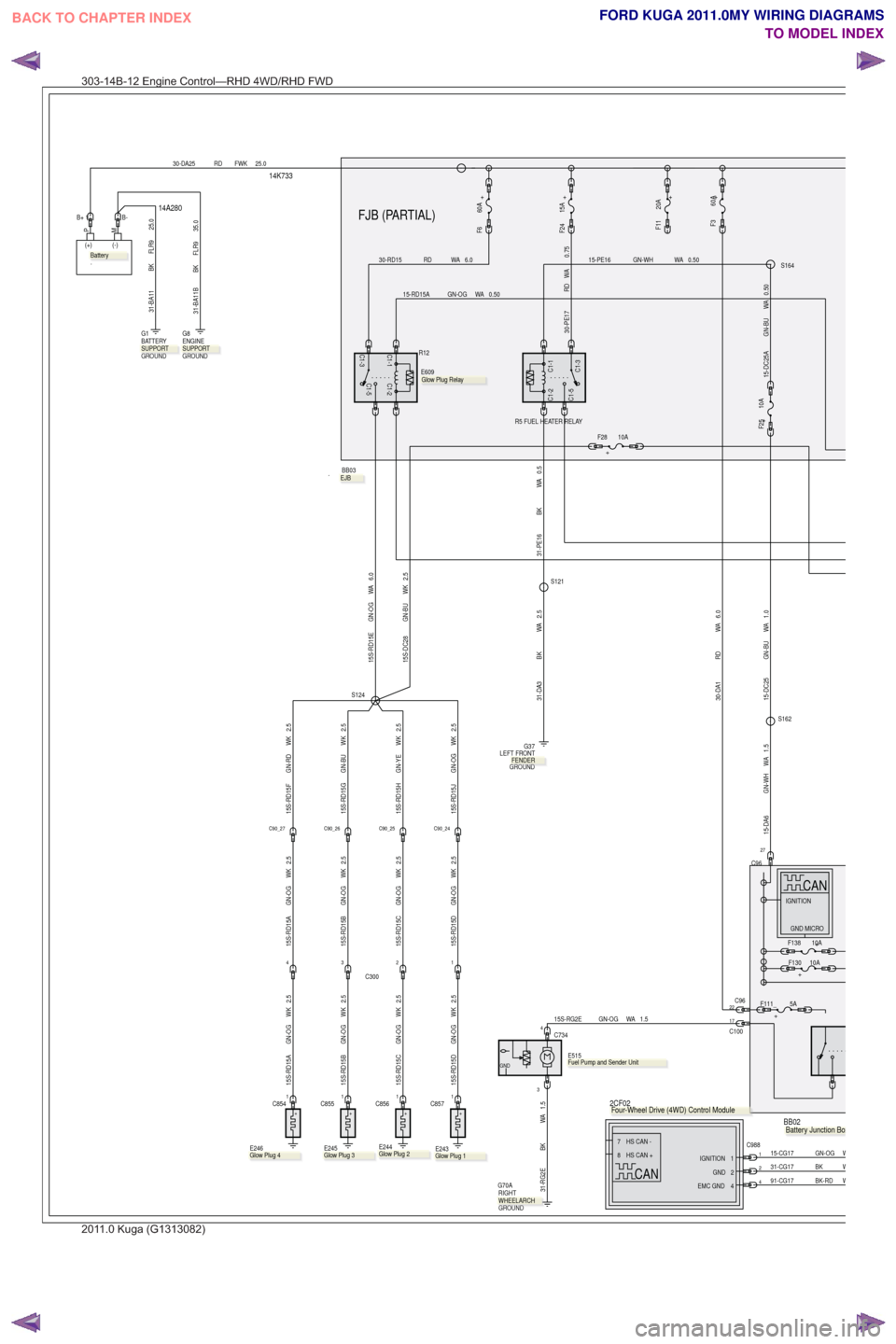 FORD KUGA 2011 1.G Wiring Diagram Owners Guide 14K733
14A280FJB (PARTIAL)
BB03
.
+
F6 60APM
(+) (-)
.
30-DA25 RD FWK 25.0
2.5WK
GN-OG
15S-RD15A2.5WK
GN-OG
15S-RD15B2.5WK
GN-OG
15S-RD15C2.5WK
GN-OG
15S-RD15D
+
.
E244
+
E246
.
1C8541C8561C857C8551
+