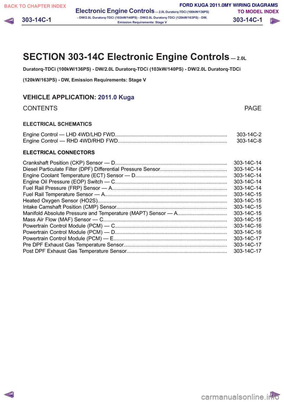 FORD KUGA 2011 1.G Wiring Diagram Manual PDF SECTION 303-14C Electronic Engine Controls—2.0L
Duratorq-TDCi (100kW/136PS) - DW/2.0L Duratorq-TDCi (103kW/140PS) - DW/2.0L Duratorq-TDCi
(120kW/163PS) - DW, Emission Requirements: Stage V
VEHICLE A