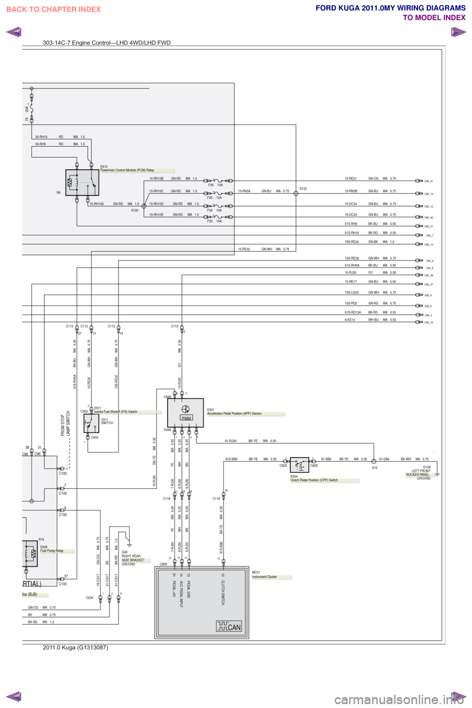 FORD KUGA 2011 1.G Wiring Diagram Repair Manual FROM STOP
LAMP SWITCH
ARTIAL)
0.50
WA
GY
10-RJ30
0.75
WA
GN-WH
15S-LG23
15S-PE8 GN-RD WA 0.75
0.50
WA
GN-BU
15-RE17
31
C96C96 38
C100 77-RJ30 YE WA 0.358-RJ30 WH WA 0.35191817C118
PEDAL GND
13
14 ACC FORD KUGA 2011 1.G Wiring Diagram Repair Manual FROM STOP
LAMP SWITCH
ARTIAL)
0.50
WA
GY
10-RJ30
0.75
WA
GN-WH
15S-LG23
15S-PE8 GN-RD WA 0.75
0.50
WA
GN-BU
15-RE17
31
C96C96 38
C100 77-RJ30 YE WA 0.358-RJ30 WH WA 0.35191817C118
PEDAL GND
13
14 ACC