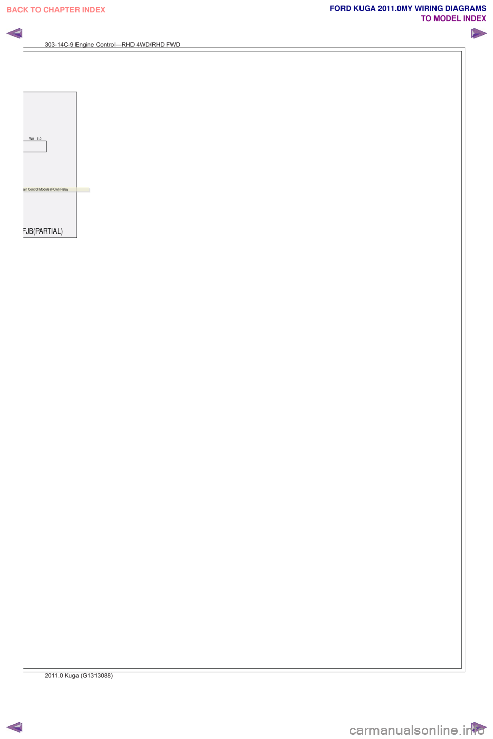 FORD KUGA 2011 1.G Wiring Diagram Service Manual FJB(PARTIAL)
WA 1.0
ain Control Module (PCM) Relay
303-14C-9 Engine Control—RHD 4WD/RHD FWD
2011.0 Kuga (G1313088)
BACK TO CHAPTER INDEXTO MODEL INDEXFORD KUGA 2011.0MY WIRING DIAGRAMS 