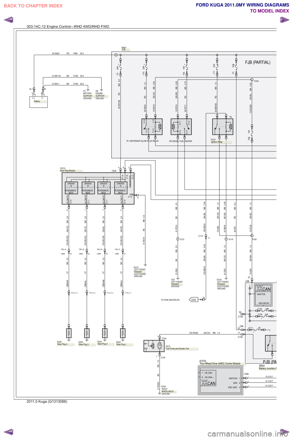 FORD KUGA 2011 1.G Wiring Diagram Workshop Manual .TO KVM (IGN RELAY)
FJB (PARTIAL)
PJB (PA
+60AF6
BB03.
PM
(+) (-)
.
25.0
FWK
RD
30-DA25
+
E244
.
+
.
E246
+
.
E245
+
.
E243
C1-5
C1-1C1-3
C1-2
R5 DIESEL FUEL HEATER
+15AF24
30-PE17 RD WA 0.75
C102 36
FORD KUGA 2011 1.G Wiring Diagram Workshop Manual .TO KVM (IGN RELAY)
FJB (PARTIAL)
PJB (PA
+60AF6
BB03.
PM
(+) (-)
.
25.0
FWK
RD
30-DA25
+
E244
.
+
.
E246
+
.
E245
+
.
E243
C1-5
C1-1C1-3
C1-2
R5 DIESEL FUEL HEATER
+15AF24
30-PE17 RD WA 0.75
C102 36